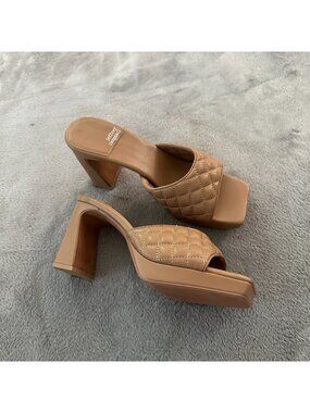 Jeffrey Campbell Nana Quilted Platform Heels Mules 9 Tan Nude